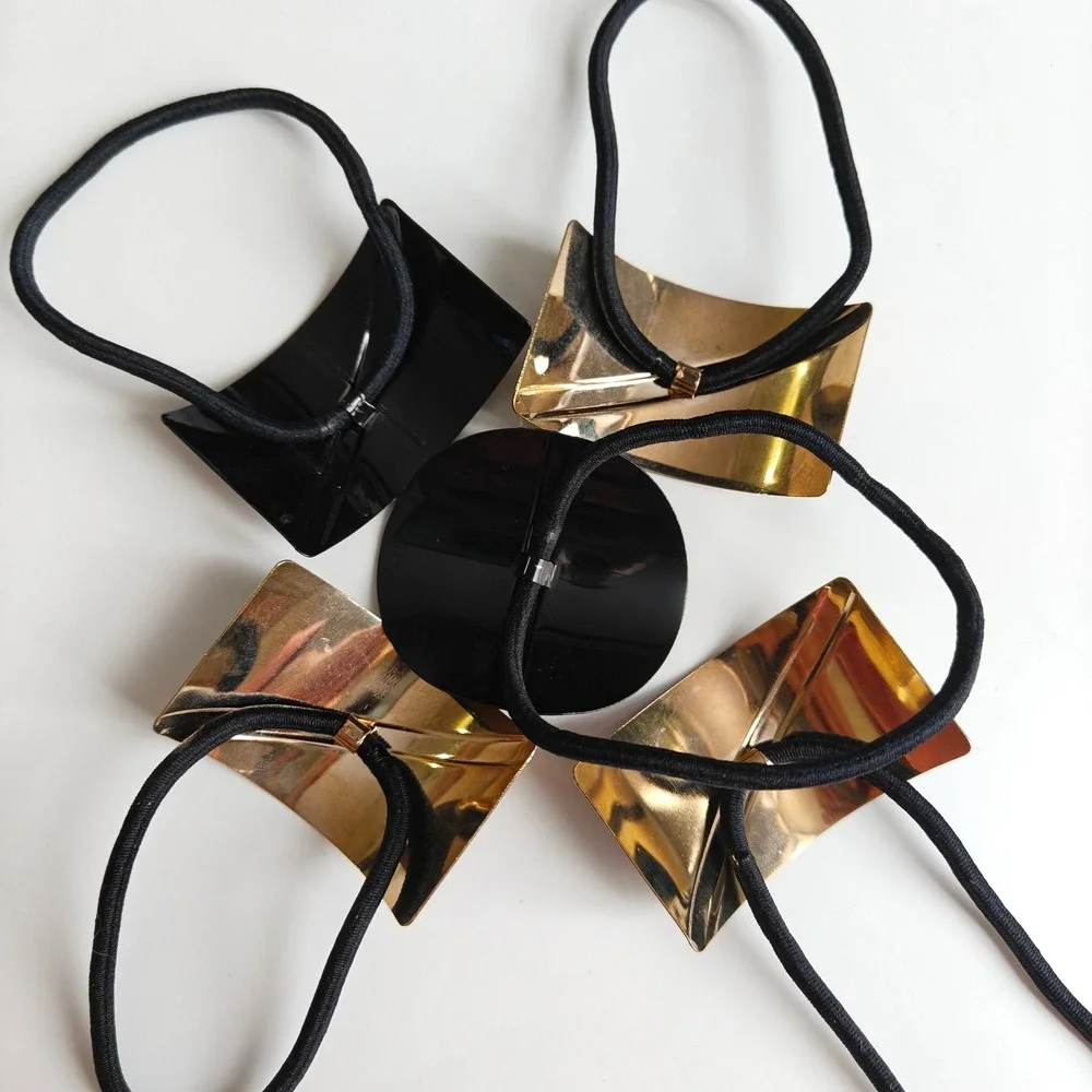 Geometric Hair Tie Set 5pc Modern Minimalist Metal Faux Leather Ponytail Holders